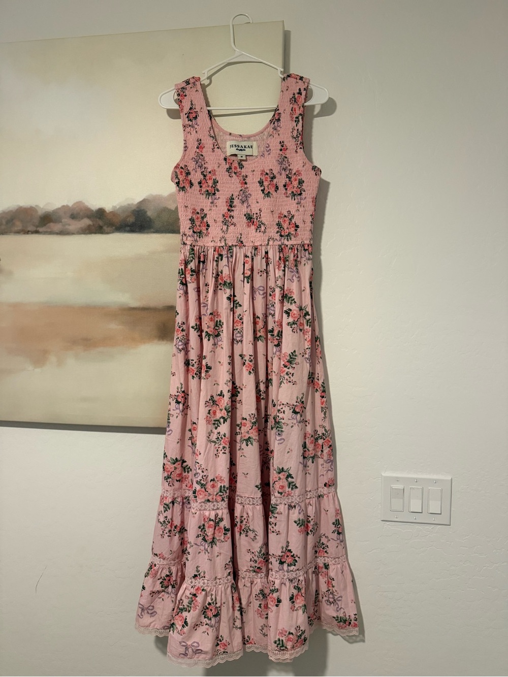 Jessa Kae Pink Floral Maxi Dress with Smocked Bodice